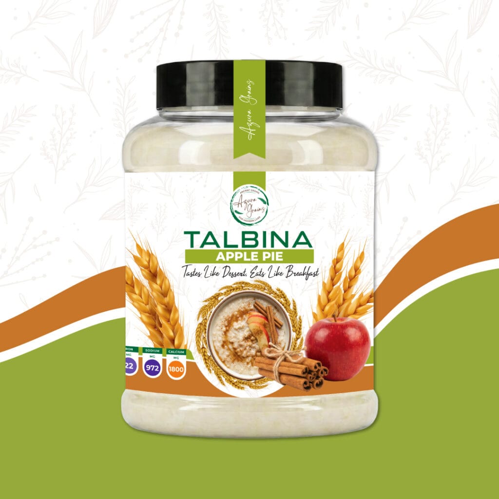 Apple Pie Talbina by Azura Grains – warm cinnamon-apple barley porridge served in a bowl topped with apple slices and a sprinkle of cinnamon