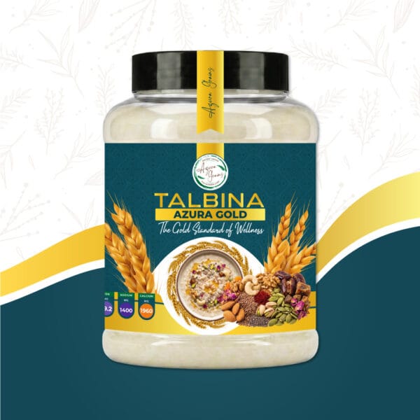 Azura Gold Talbina by Azura Grains – premium 17-ingredient blend with saffron, rose petals, nuts, and seeds in a golden bowlAzura Gold Talbina by Azura Grains – premium 17-ingredient blend with saffron, rose petals, nuts, and seeds in a golden bowl