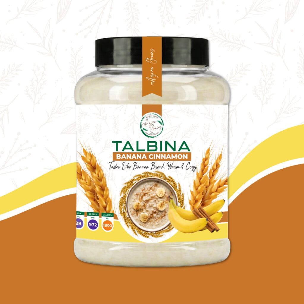 Banana Cinnamon Talbina by Azura Grains – warm banana‑cinnamon barley porridge served in a bowl topped with fresh banana slices and a sprinkle of cinnamon