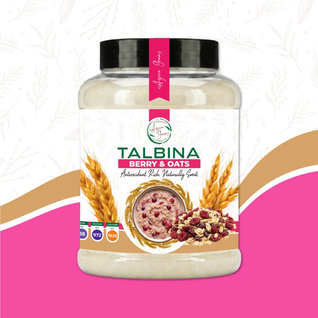 Berry & Oat Talbina by Azura Grains – barley and oat porridge with dried cranberries, served in a bowl topped with fresh berries