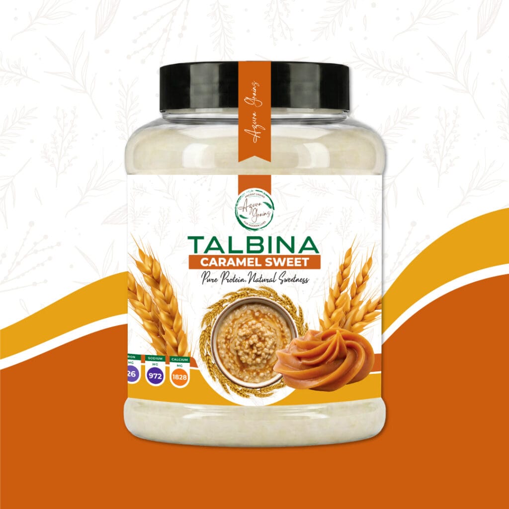 Caramel Sweet Talbina by Azura Grains – sweet caramel‑flavored barley porridge served in a bowl with a drizzle of honey and a sprinkle of cinnamon