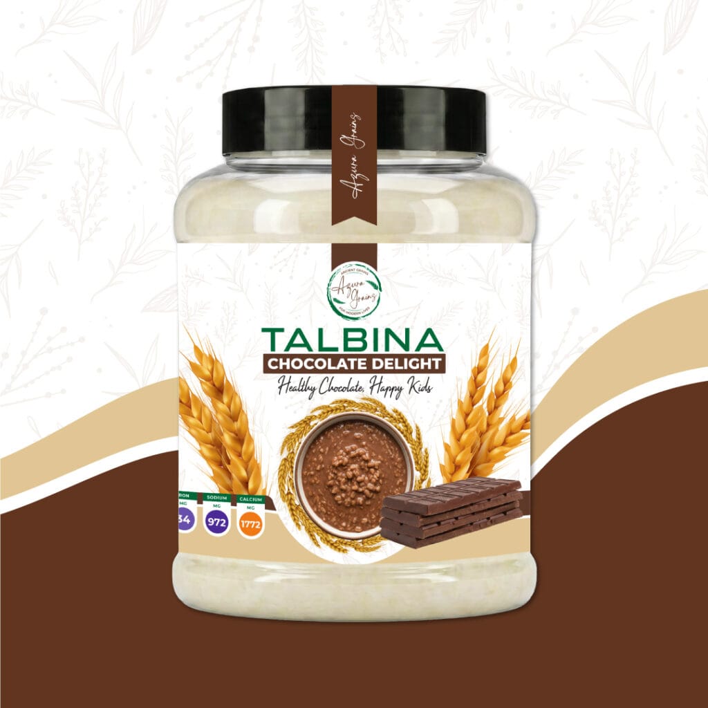 Chocolate Delight Talbina by Azura Grains – healthy chocolate barley porridge served in a bowl topped with cocoa powder and chocolate shavings