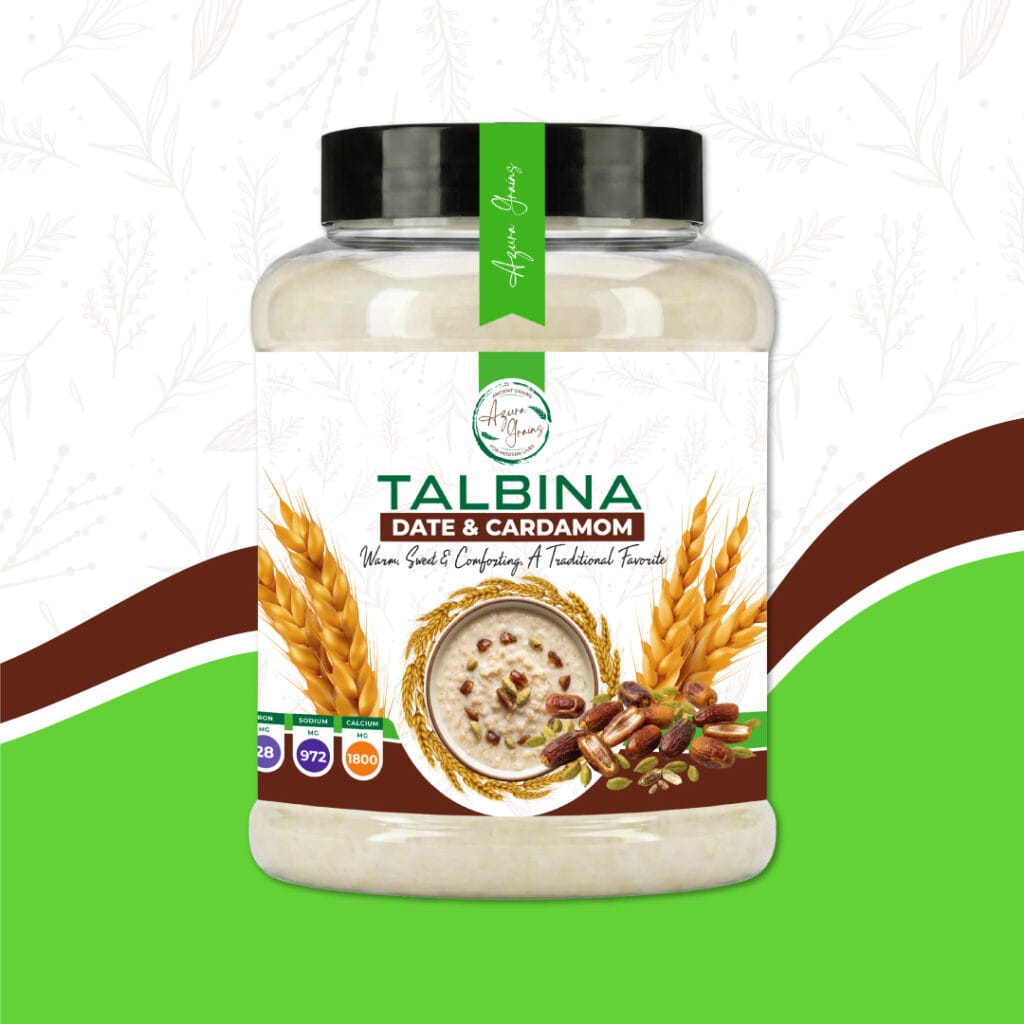 Date & Cardamom Talbina by Azura Grains – warm barley porridge with dates and cardamom, served in a bowl topped with chopped dates and a sprinkle of cardamom powder