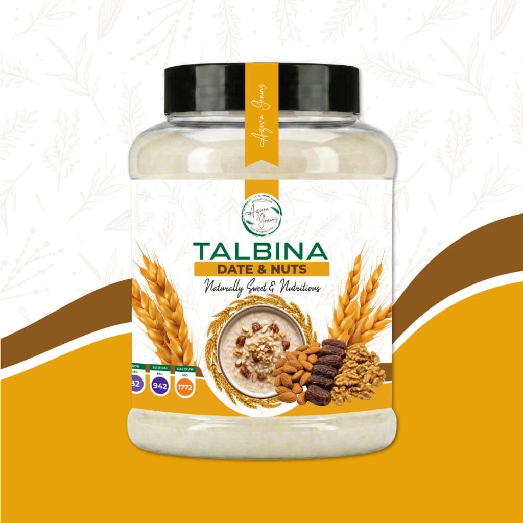Date & Nuts Talbina by Azura Grains – barley porridge with dates, almonds, and walnuts, served in a bowl topped with chopped dates and crushed nuts