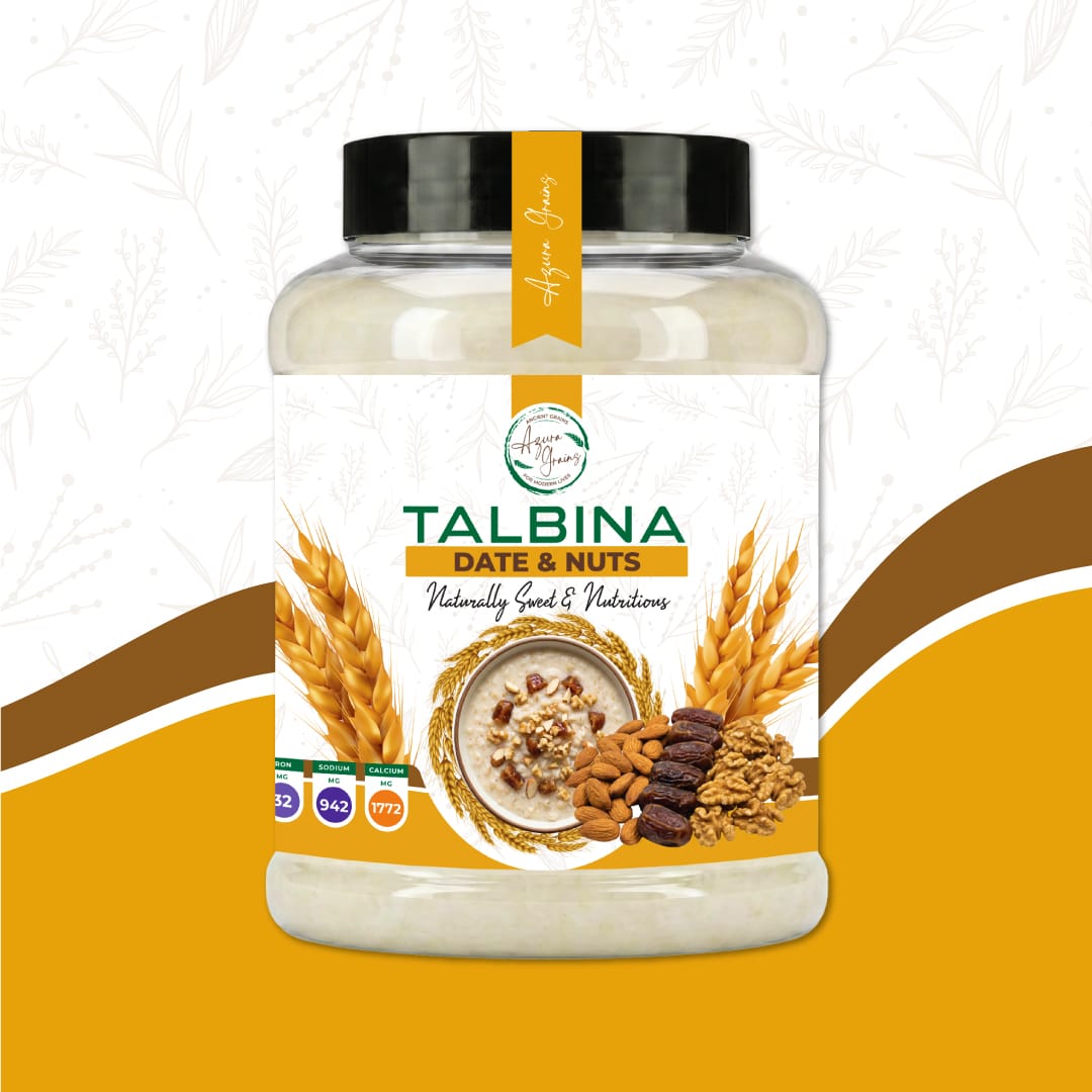 Date & Nuts Talbina by Azura Grains – barley porridge with dates, almonds, and walnuts, served in a bowl topped with chopped dates and crushed nuts