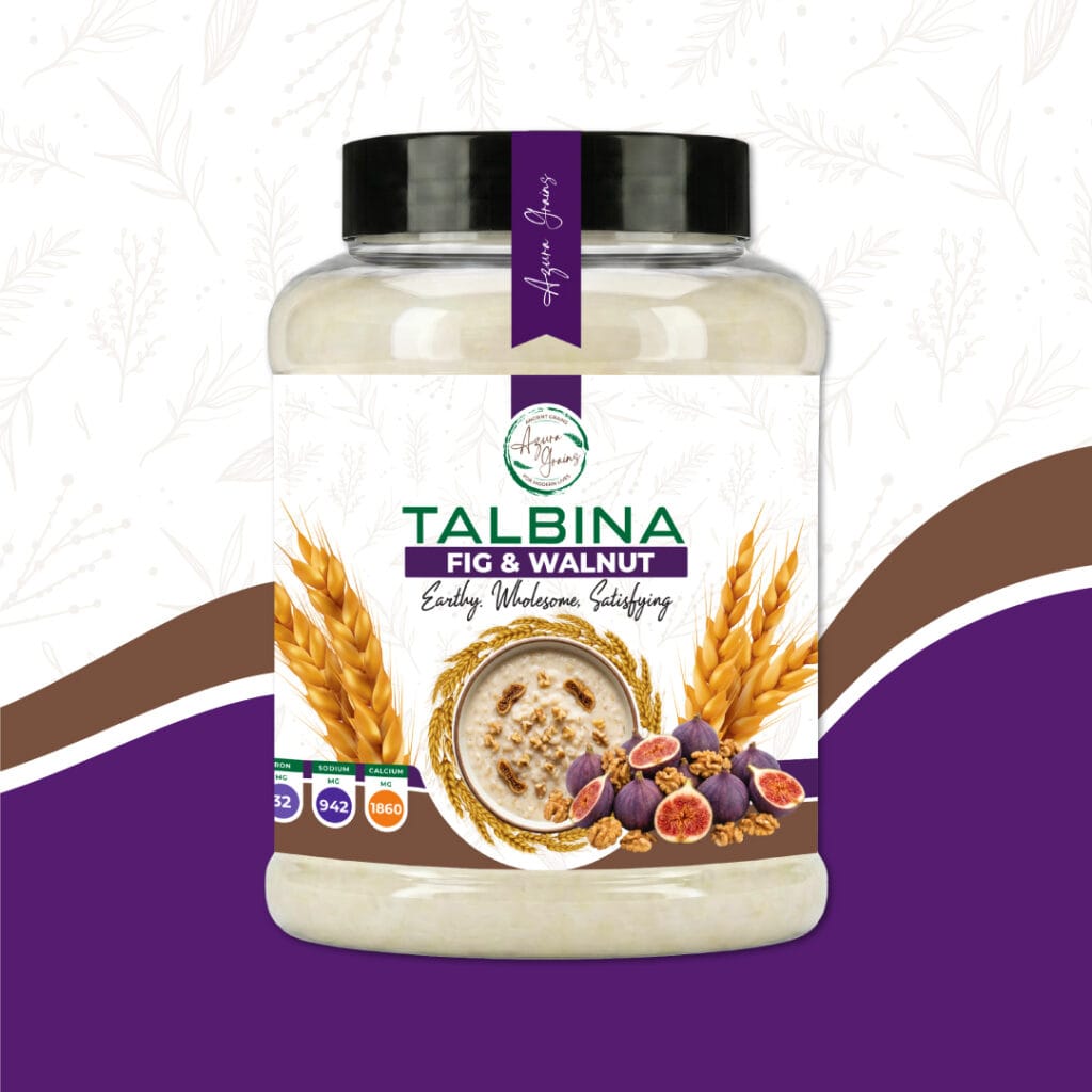 Fig & Walnut Talbina by Azura Grains – barley porridge with dried figs and walnuts, served in a bowl topped with chopped figs and crushed walnuts