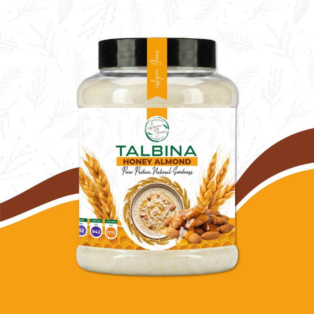 Honey Almond Talbina by Azura Grains – protein-rich barley porridge with honey and sliced almonds, served in a bowl