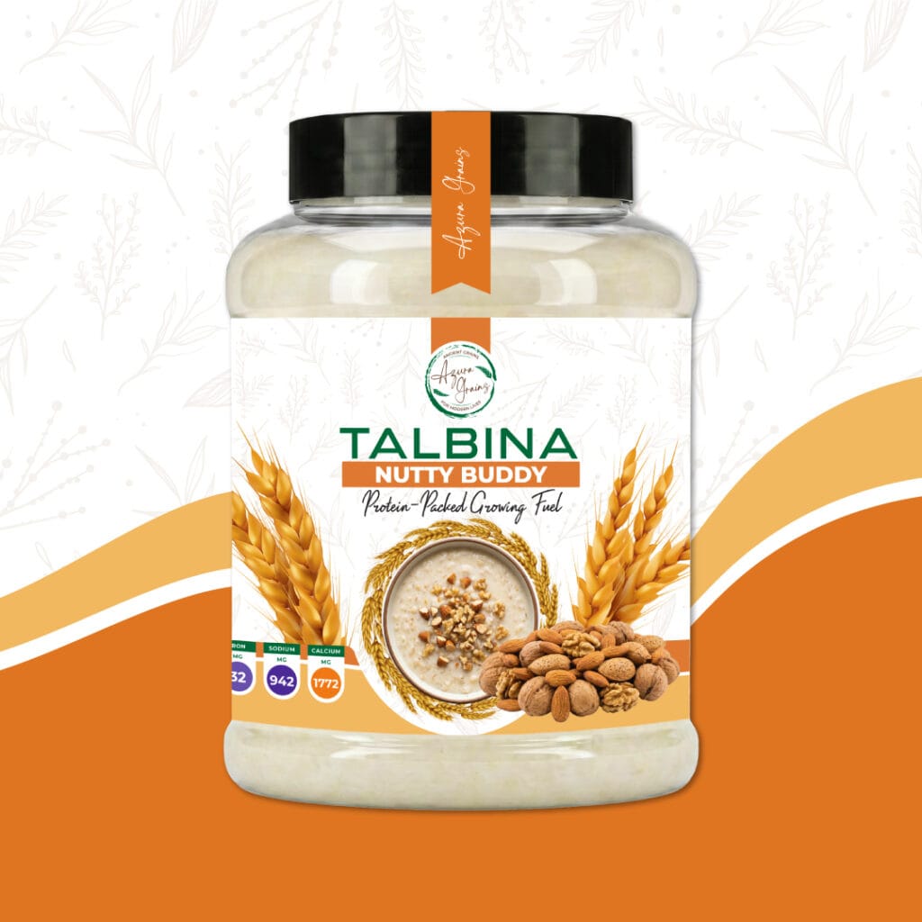 Nutty Buddy Talbina by Azura Grains – protein‑rich barley porridge with almonds and walnuts, served in a bowl with crushed nuts on top