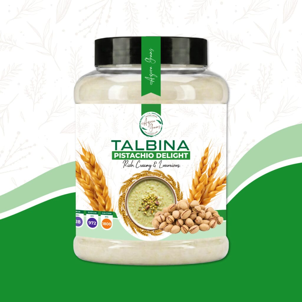 Pistachio Delight Talbina by Azura Grains – creamy pistachio-flavored barley porridge in a bowl topped with crushed pistachios and rose petals