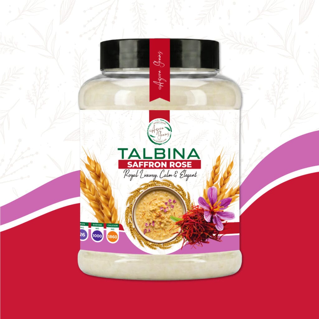 Saffron Rose Talbina by Azura Grains – golden saffron strands and pink rose petals in a bowl of barley porridge, topped with pistachios