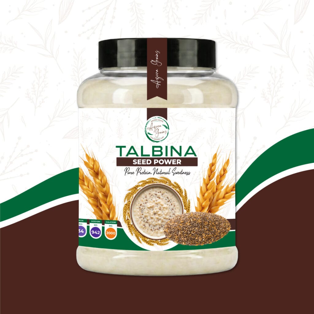 Seed Power Talbina by Azura Grains – chia seeds, flaxseeds, and barley superfood porridge in a bowl topped with berries