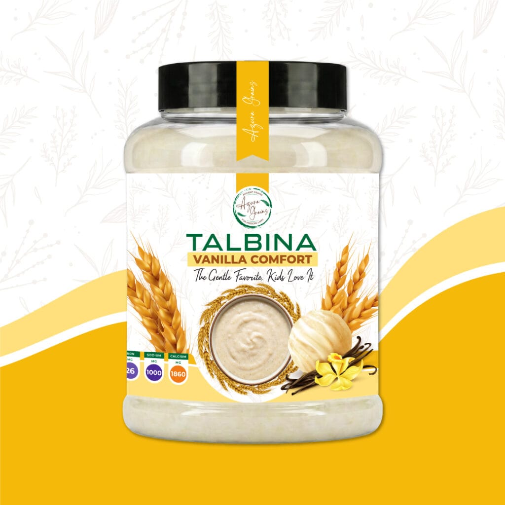 Vanilla Comfort Talbina by Azura Grains – gentle vanilla flavored barley porridge in a bowl, served warm with banana slices and almonds